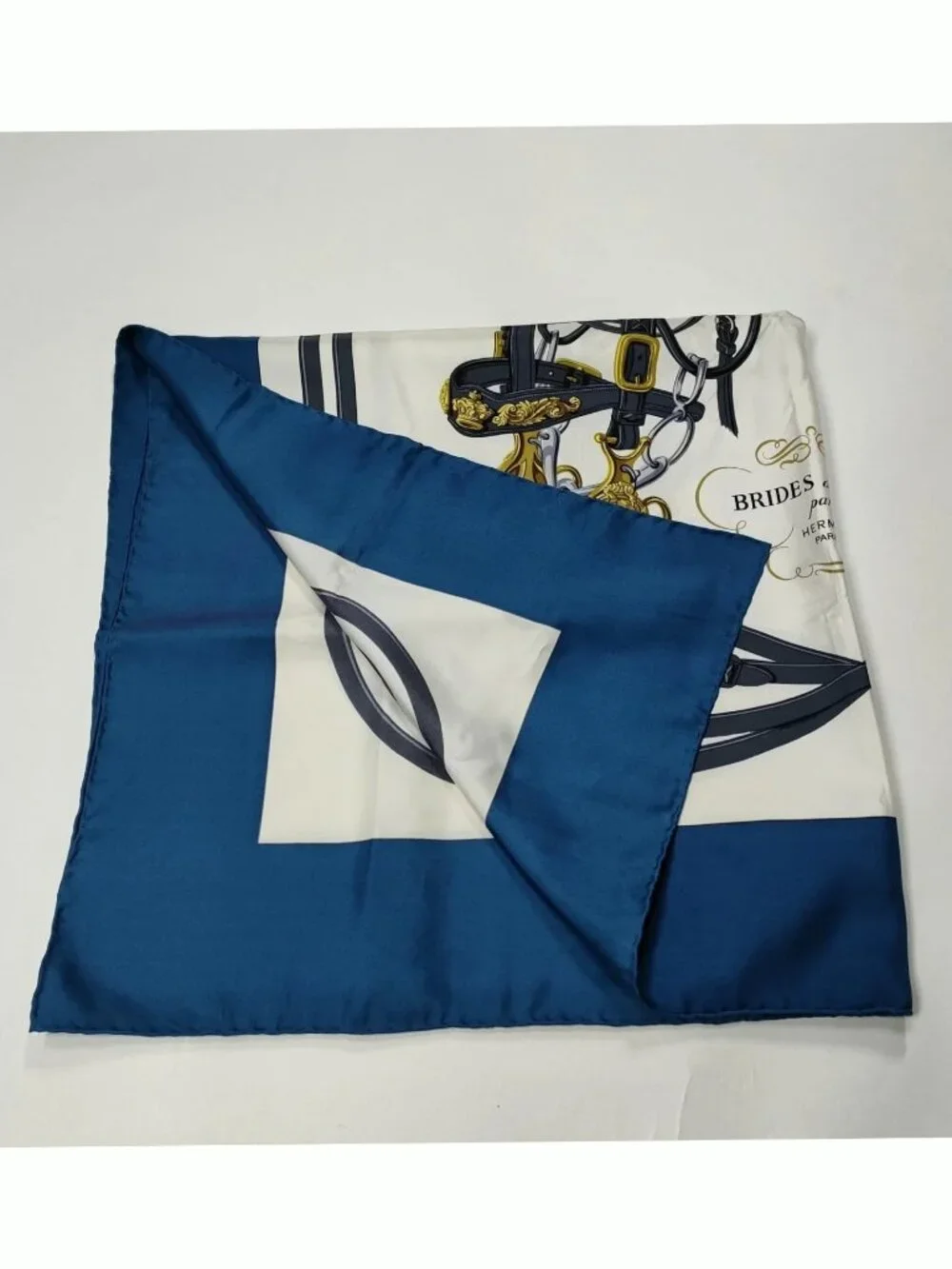 Authentic Hermès Brides de Gala Silk Scarf Blue Gold Equestrian Print Square 90 - Picture 10 of 10